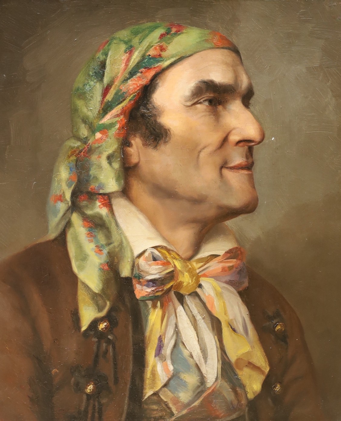 Late 19th century French School, oil on canvas, Portrait of a gentleman wearing a headscarf, 55 x 45cm